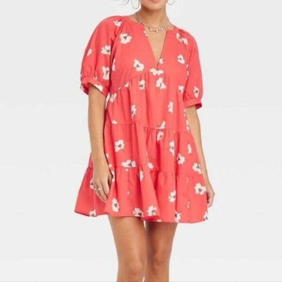 Universal Thread Red Floral Puff Sleeve Crinkle Tiered Mini Dress - Picture 3 of 7